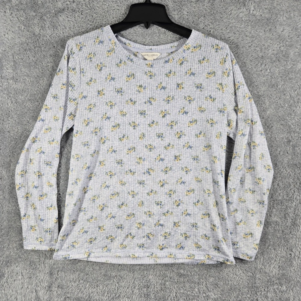 Laura Ashley Floral Ribbed Long Sleeve Top Blue Yellow Crew Neck XL 1135-168